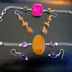 Tiger's eye w/ameythst accents ss bracelet and choice of earrings $60